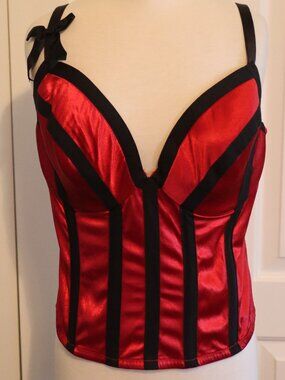 CACIQUE Red Satin Black Velour Bustier Corset Bra Top Size 22 / 24 Goth Vamp
